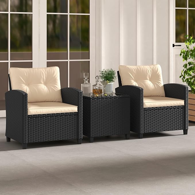 HAPPYGRILL 3 Pieces Wicker Patio Conversation Set, PE Rattan Bistro Sofa Set with Tempered Glass Coffee Table, Washable Cushions, Outdoor Furniture Set for Garden Poolside Balcony (Beige)