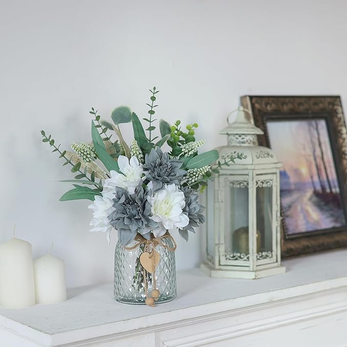 Faux Flowers with Vase,Artificial Silk Flowers in Vase, Fake Plant Eucalyptus and Willow,Flower Arrangement for Home Farmhouse kitchen Dining Table Centerpiece Decorations Table Decor (Grey Blue)