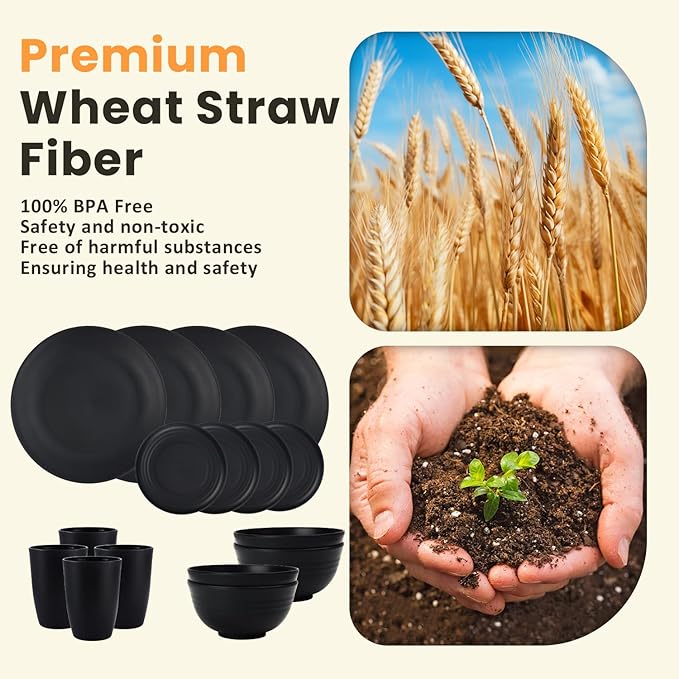 Homienly 16-Piece Wheat Straw Dinnerware Sets, Reusable Unbreakable Plates and Bowls Sets,Cups,Service for 4, Premium Dishwasher and Microwave Safe Dish Sets for Kitchen,Outdoor - Black