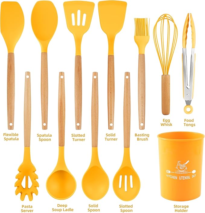 Silicone Cooking Utensils, 12 Pcs Kitchen Utensil Set 446°F Heat Resistant,Turner Tongs Spatula Spoon Brush Whisk with Wooden Handles, Blue Kitchen Gadgets Tools Set for Nonstick Cookware (BPA Free)