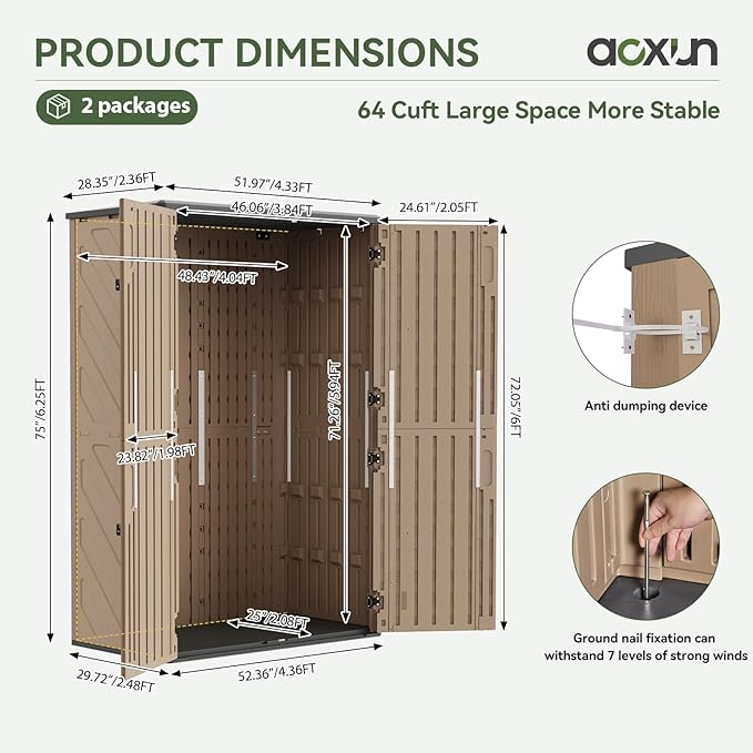 Aoxun Outdoor Storage Shed with Floor, 64 Cu.Ft Large Outdoor Storage Cabinet, Waterproof Vertical Resin Shed for Garden Tools, Pool Equipment, Brown