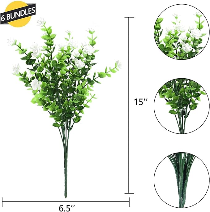 GREENRAIN Artificial Flowers Outdoor Fake Flowers for Decoration UV Resistant No Fade Faux Plastic Plants Garden Porch Window Box Décor (6 Bundles, 4#White)