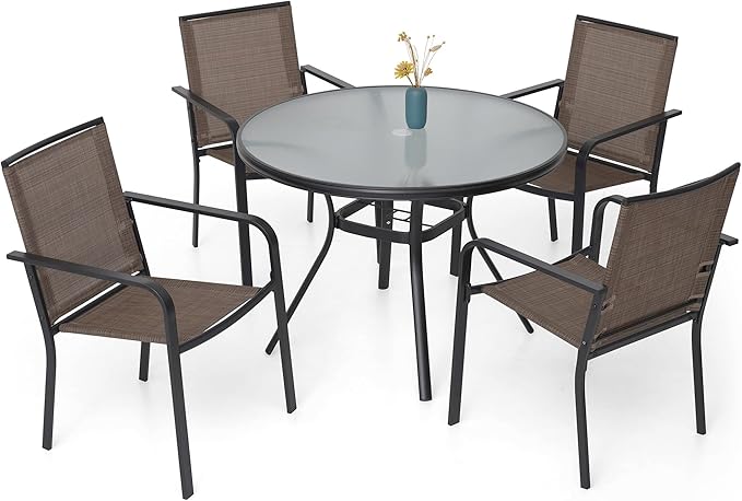 5-Piece Outdoor Patio Dining Set, 40-Inch Round Glass Table with 4 Stackable Chairs, Brown