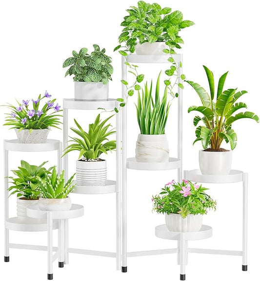 iDavosic.ly Plant Stand Indoor Outdoor, 9 Tier Corner Metal Flower Display Holder Shelf, Folding Tall Orchid Rack for Patio Balcony Porch Garden Living Room House, White