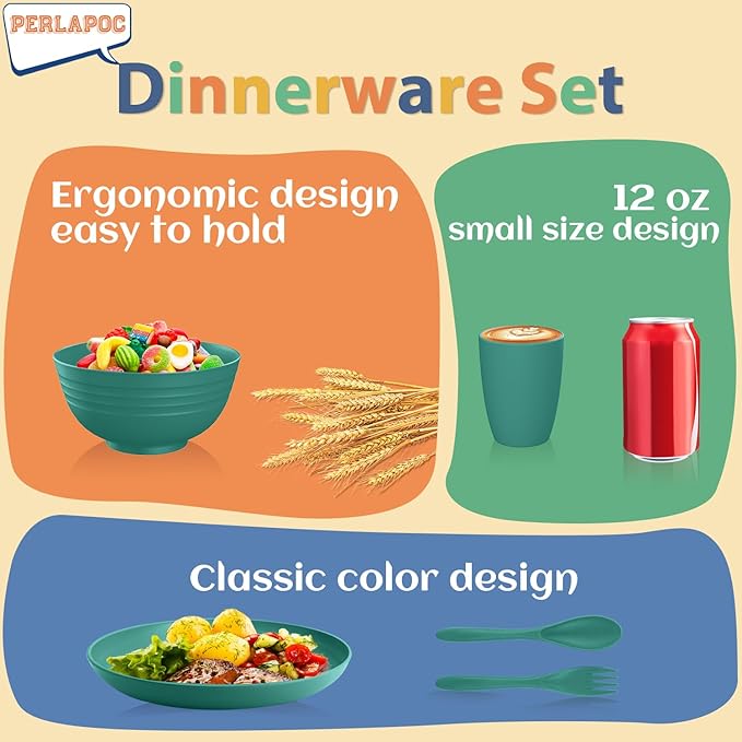 Wheat Straw Dinnerware Sets for 4, Unbreakable & Lightweight Plates and Bowls Sets, Travel Camping Cutlery Set, Dishwasher Microwave Safe 20-Piece Dinnerware - Dark Green