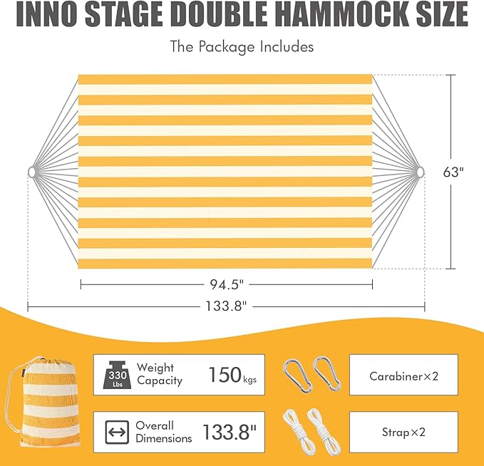 INNO STAGE Brazilian Double Hammocks - Woven Hammock Two Person Hanging Camping Bed for Patio, Backyard, Porch, Outdoor and Indoor Use - Soft Canvas Hammock with Portable Carrying Bag Yellow