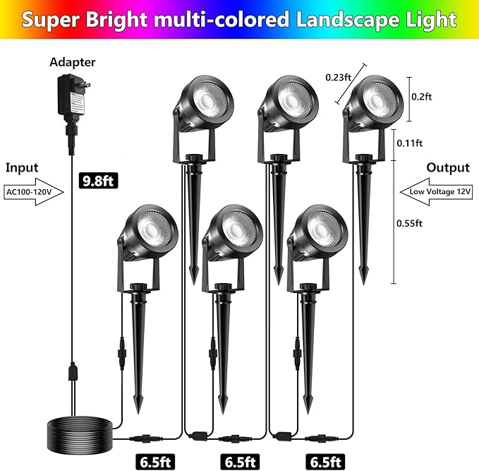 RGBW Color Changing Landscape Lighting,12V Low Voltage Landscape Lights Spotlights with Transformer Remote Control Decorative for Garden, Yard, Lawn, Pool, 44ft Cable(6-in-1)