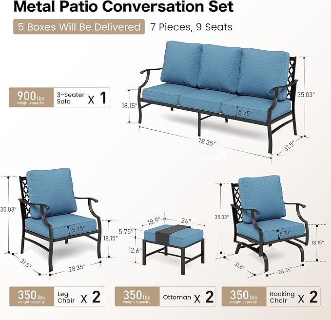 6 Piece Metal Outdoor Patio Furniture Set, Patio Conversation Set 1 3-Seater Sofa, 2 Rocking Chair, 2 Leg Chair with 5.75" Thick Cushion and Coffee Table, Backyard Furniture Set, Navy
