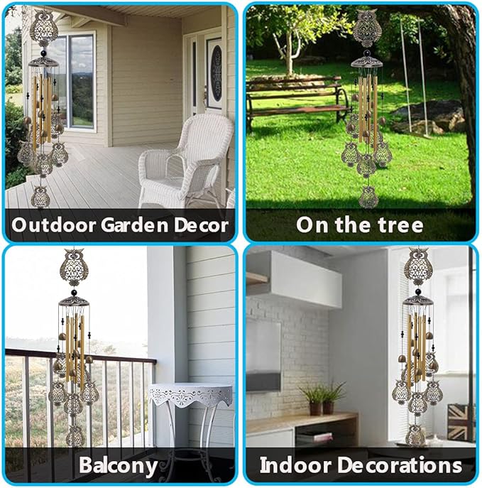 Garden Owl Wind Chimes Outdoor Indoor Decor - with 4 Tubes 6 Bells 7 Owls 36In Waterproof Mobile Romantic Windchimes, Owls Wind Catcher for Home, Xmas Mom Gifts, Balcony, Festival, Garden Decoration