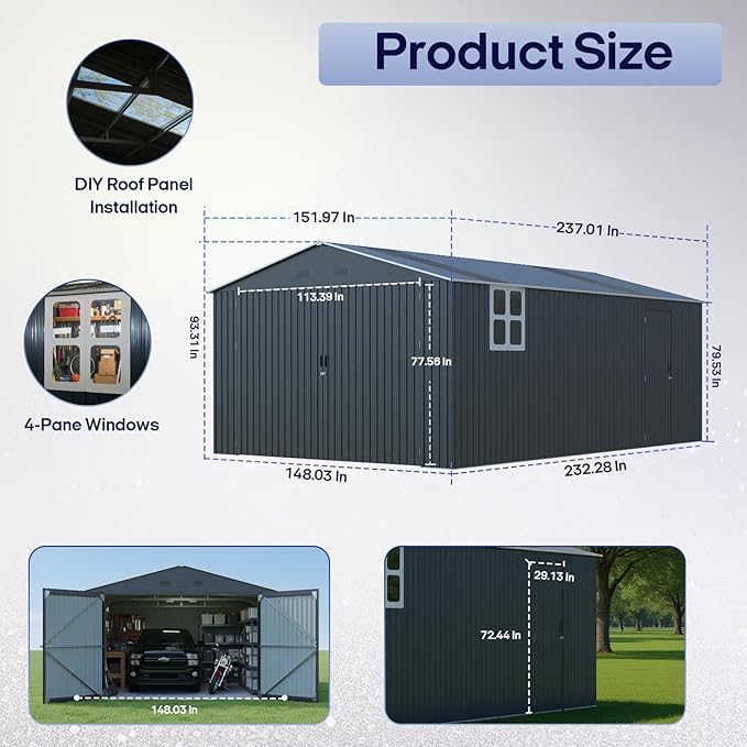 Outdoor Storage Shed 13x20 FT, Sheds & Outdoor Storage Clearance - Metal Garage Shed for Car, Truck, Bike - Backyard Tool House Building with 2 Windows and 2 Translucent Panels