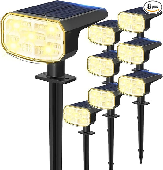 Solar Lights Outdoor Waterproof IP65, Super Bright LED, 3000K 2 Lighting Modes, Solar Powered Yard Garden Solar Spot Lights for Outside Landscape Auto On/Off -8 Pack
