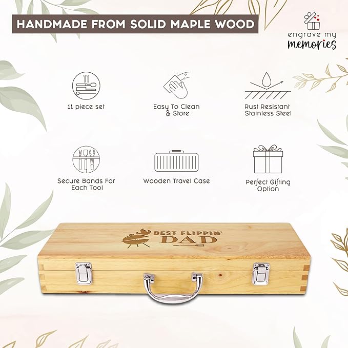 11-Piece BBQ Grilling Set with Engraved Maple Wood Box, Stainless Steel Tools with Wooden Handles, Ideal Gift for Dad on Birthday, Father’s Day - Best Flipping Dad