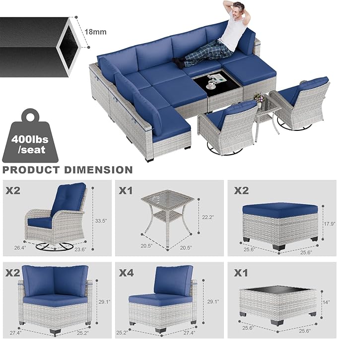 12-Piece Patio Furniture Set, Outdoor Patio Furniture with Swivel Chairs Set, Ottomans, Modular Patio Sofa, Dual-Strand Wicker Rattan, Rust-Resistant Frame, Navy Blue