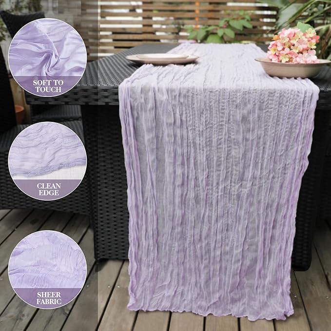 Le courant 10Ft Cheesecloth Table Runner, Rustic Boho Gauze Cheese Cloth Runner Table Runner for Weddings Bridal Baby Shower Birthday Holiday Parties Home Decor, Lilac