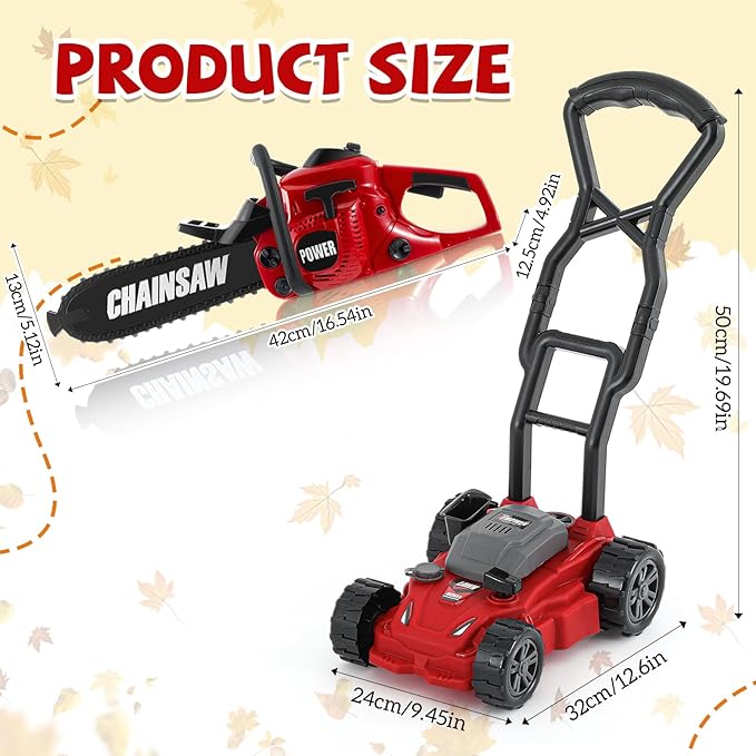 2 Pcs Toy Gardening Tool Set for Kids Toy Chainsaw, Push Lawn Mower Battery Powered Gardening Tool Set with Lights and Sounds Gift for Boys Girls