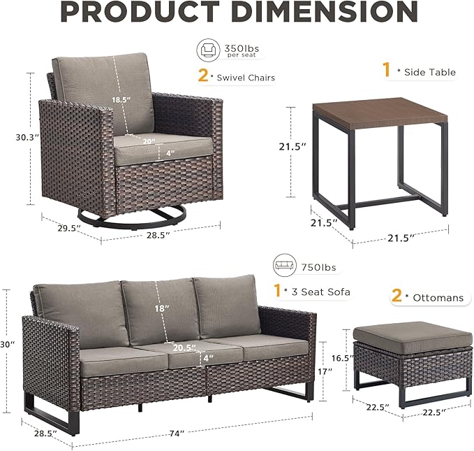 6 Pieces Patio Furniture Set-All Weather Outdoor Swivel Rocker Patio Chairs with Deep Seat Sofa Ottomans and Glass Side Table, Outdoor Conversation Sets for Garden Backyard Deck(Brown/Grey)