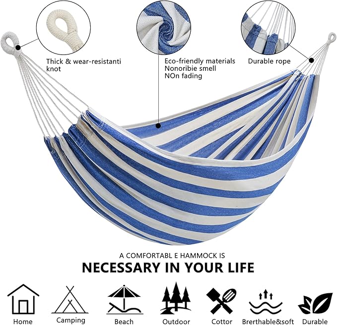Double Hammock Brazilian Hammocks with Portable Carrying Bag,Soft Cotton Fabric, Up to 450 Lbs Hanging for Patio,Trees,Garden,Backyard,Porch,Outdoor and Indoor XXX-Large Stripe (Blue-White)