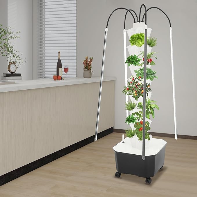 Hydroponics Growing Tower w/LED Light,8 Tiers 40-Hole Vertical Planter Tower,Smart Garden Growing System Kit for Fruits Vegetables Herbs (White)