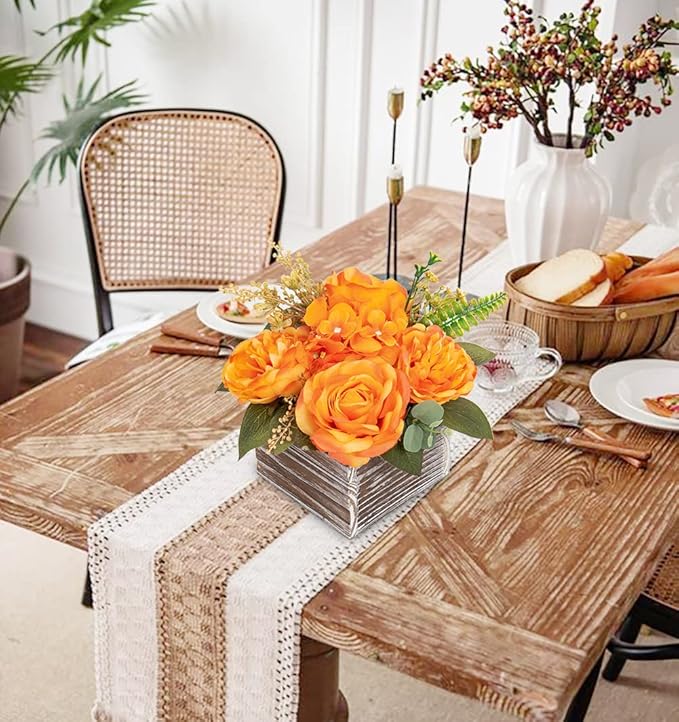 DILATATA Artificial Flower Arrangement, 8'' Orange Roses Peonies Hydrangeas in Wooden Planter, Rustic Fake Flowers in Pot for Home Decor Living Room - 1PC