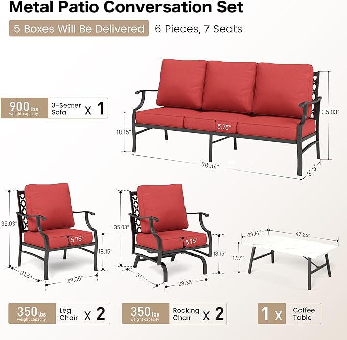 6 Piece Metal Outdoor Patio Furniture Set, Patio Conversation Set 1 3-Seater Sofa, 2 Rocking Chair, 2 Leg Chair with 5.75" Thick Cushion and Coffee Table, Backyard Furniture Set, Red