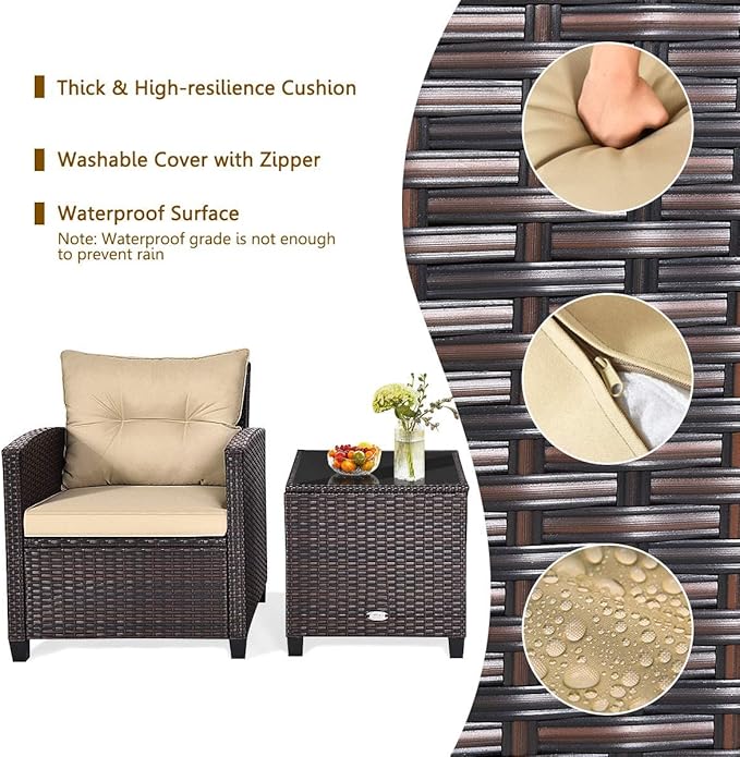 HAPPYGRILL 3 Pieces Patio Conversation Set, Outdoor Furniture Set PE Rattan Sofa Set with Removable Cushions, PE Wicker Chairs with Tempered Glass Side Table for Porch Lawn Garden Balcony Backyard