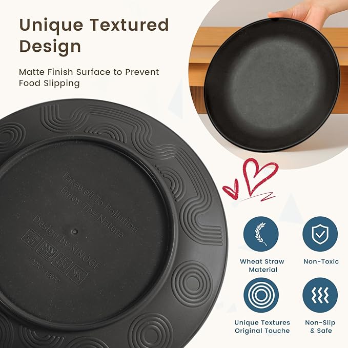 Homienly 40-Pieces Wheat Straw Dinnerware Set, Kitchen Plastic Wheat Straw Dinnerware Set - Service for 8, Unbreakable Lightweight Dish Set for Kitchen, Camping - Plates Set, Bowls, Cups Set(Black)