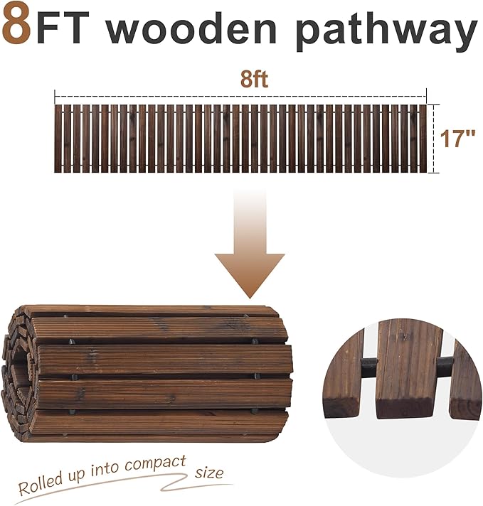 FILWH Wooden Garden Pathway Outdoor Roll-Out Walkway Weather-Resistant Fir Wood Curved or Straight Boardwalk Decorative Garden for Backyard,Beach,Wedding Party Pathways (Carbonized, 8FT Straight)