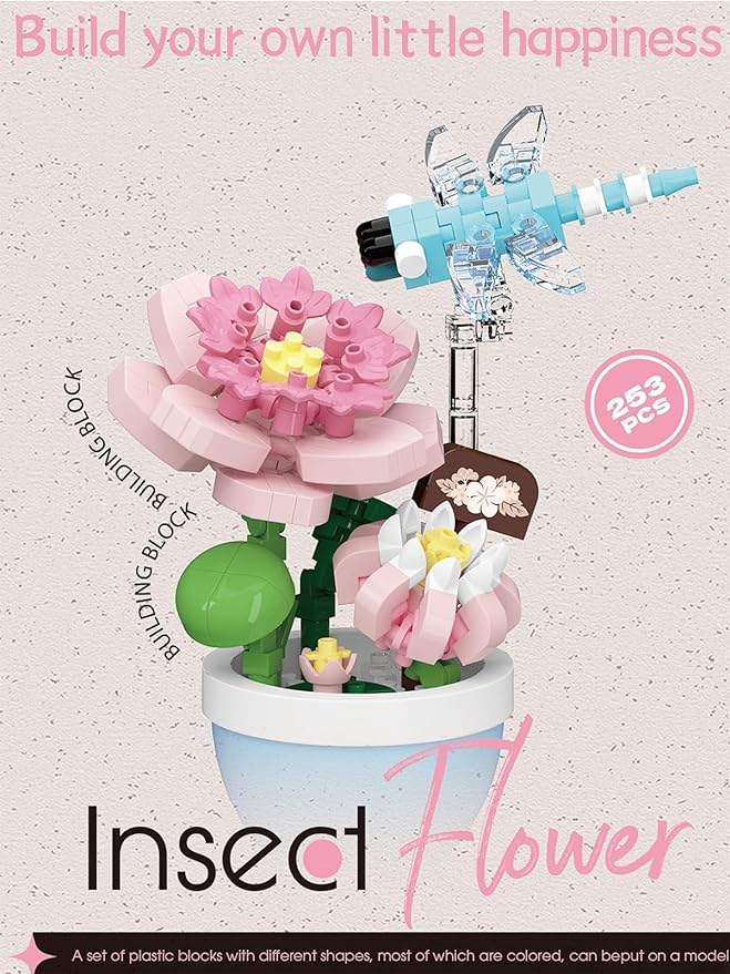 Dragonfly Lotus Mini Flower Cute Insects Potted Plant Bonsai Building Toy Blocks Particle Set Small Flowers Botanical