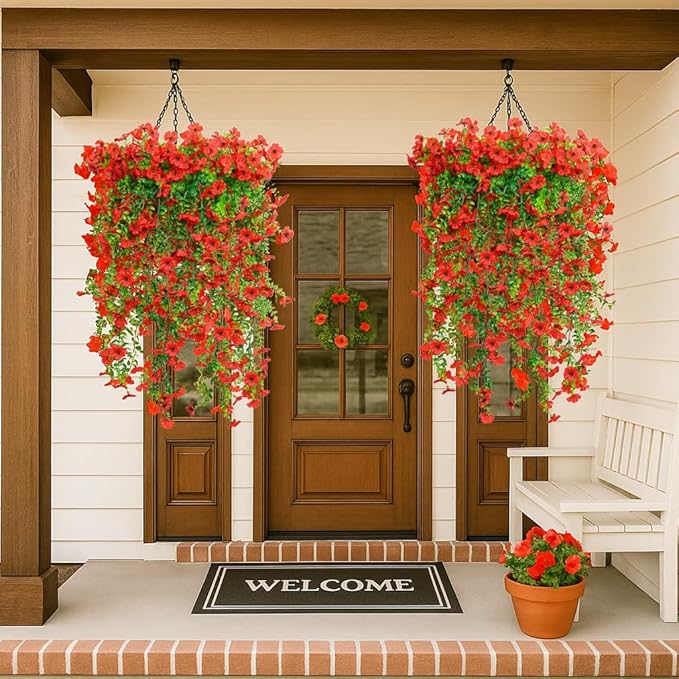 8PCS Artificial Flowers for Outdoors,Hanging Outdoor Faux Plants,UV Resistant Fake Flowers for Outdoor Planters,Realistic Fake Plants Spring Decor for Porch,Patio,Yard (Red)