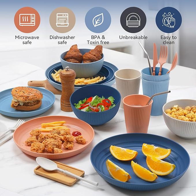 Wheat Straw Dinnerware Sets,64-Piece Plates and Bowls Sets for 8-Unbreakable,Reusable Plastic Dish Set-Dinner Plate/Dessert Plate/Cereal Bowl/Cup/Utensils-Microwavable Dishwasher Safe 64P-Deep Gray