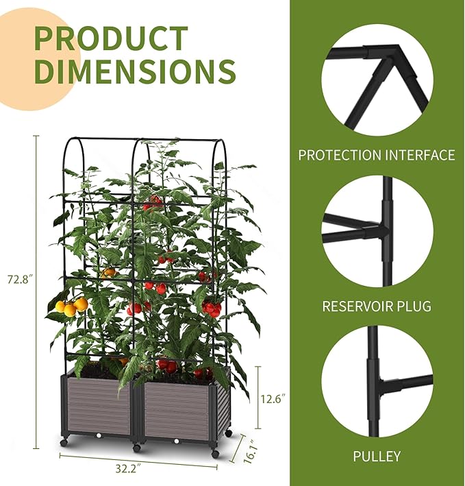 Raised Garden Bed Planter Box with Trellis, 72.8'' Tomato Planters for Climbing Plants Vegetable Vine Flowers Outdoor Patio Tomato Cage, Self Watering Planter with Wheels