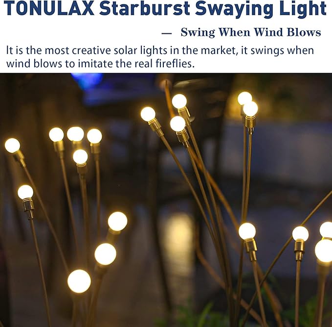 TONULAX Solar Garden Lights - Upgraded Solar Swaying Light, Sway by Wind, Outdoor Lights, Yard Patio Pathway Decoration, High Flexibility Iron Wire & Heavy Bulb Base, Warm White(2 Pack)