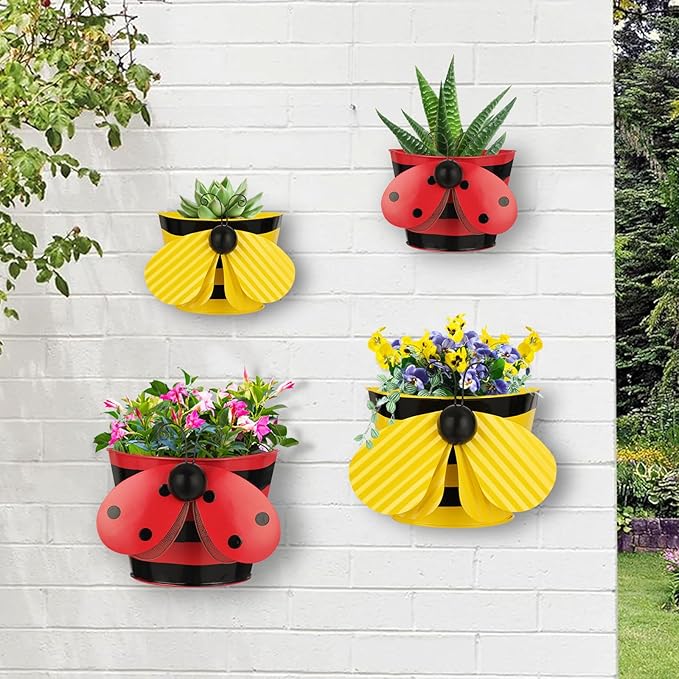 BAYN Set of 2 Ladybug Wall Hanging Planter Decor Art, Metal Wall Mounted Planters Garden Yard Decorative Flower Pot Indoor Outdoor Wall Planter Succulent Plant Container