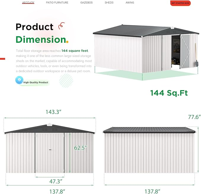 AECOJOY 12' x 12' Outdoor Storage Shed, Large Metal Sheds & Outdoor Storage Clearance Steel Yard Shed with Lockable Doors, Utility and Tool Storage Garden Shed for Backyard, Patio and Outside