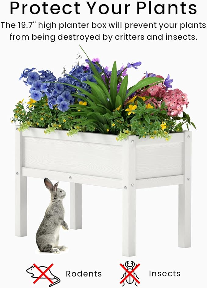 Small HDPE Raised Garden Bed, Elevated Planter Box with Legs, Outdoor All-Weather Planter Raised Beds for Seeds, Herb, Flower, Vegetable (White)