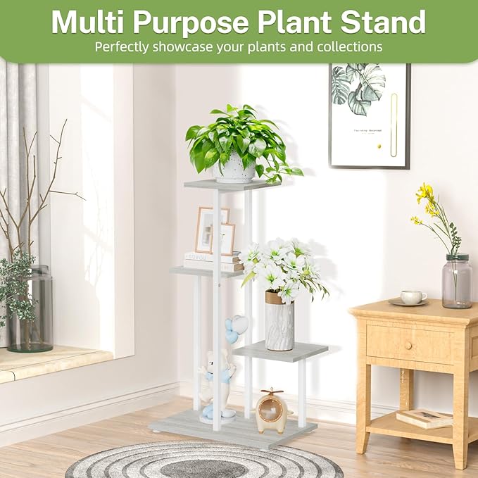 iDavosic.ly 4 Tier Plant Stand Indoor, Tiered Corner Plant Shelf for Multiple Plants, Metal Wood Tall Plant Display Rack Flower Holder for Patio Porch Garden Balcony Bedroom, White