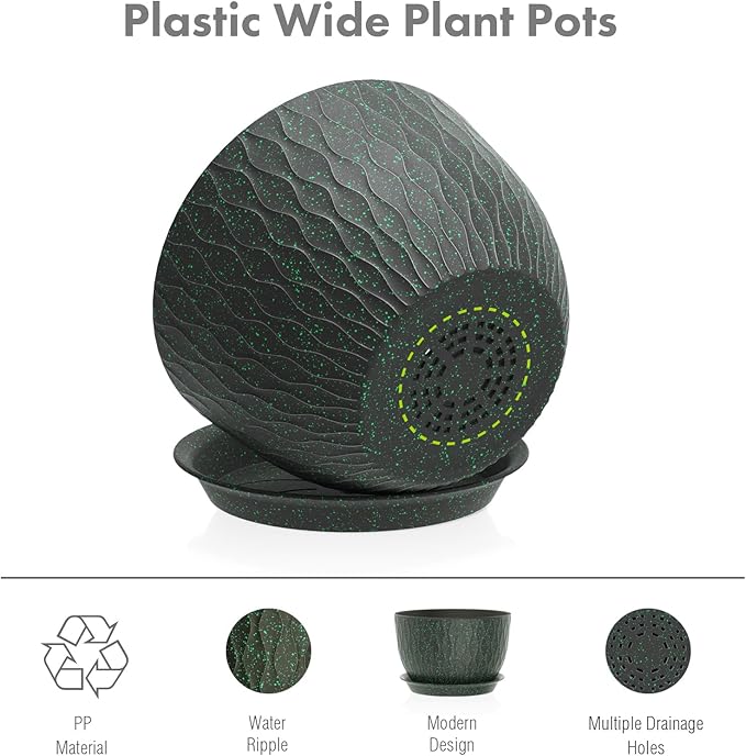 12/10/9 inch Large Plant Pots, 3 Pack Wide Flower Pots for Outdoor Indoor Plants, Water Ripples Plastic Planters with Drainage Holes and Saucers for Garden Hourse, Black with Green Speckles