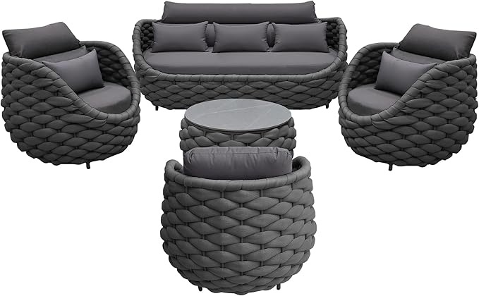 TWT Outdoor Patio Furniture Set, 5 Pieces Aluminum Sectional Sofa, Metal Patio Conversation Set with Threeseat & Armchair, Cushion and Coffee Table, Dark Grey