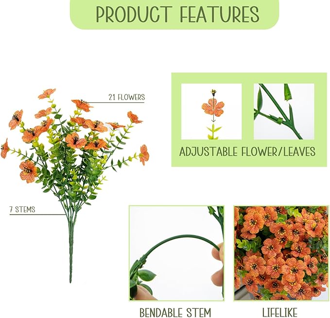 Fall Artificial Flowers for Outdoors, 10 Bundles UV Resistant Artificial Outdoor Flowers, Not-Fading Silk Faux Fall Flowers for Outdoor Planters for Home Garden Porch Decor, Orange
