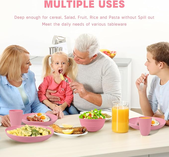 Kitchen Wheat Straw Dinnerware Sets (33pcs) Attached cleaning brush,Service For 8,Plastic Plates and Bowls Sets,Unbreakable Dinnerware,Lightweight Plastic Plate Set (pink)