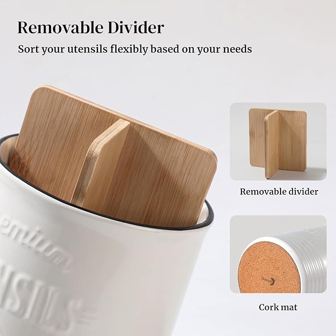 DOWAN 3 Compartment Kitchen Utensil Holder, 7.2″ Extra-Large Ceramic Stable Utensil Caddy, Rustic Cooking Utensil Crock for Farmhouse Kitchen Décor, Utensil Holder for Countertop