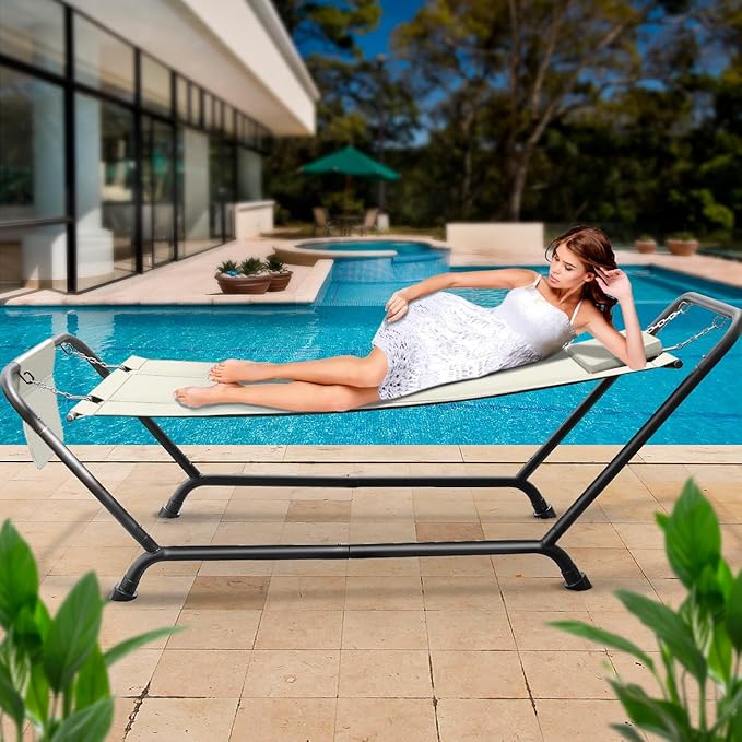 Sorbus Cozy Hammock Bed- Patio Hammock with Stand w/Pillow and Storage Pockets- Heavy Duty 500lbs Support- Durable Outdoor Hammock- For Patio, Garden, Backyard, Poolside- Weather Resistant Outdoor Bed