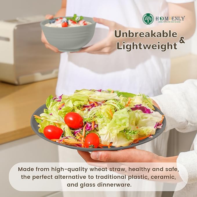 Homienly Kitchen Wheat Straw Dinnerware Set 40 PCS - Dinner Plates, Cereal Bowls, Wheat Straw Cups Set, Microwave and Dishwasher Safe Dishes Set, Unbreakable Dish Set for Party, Outdoor(Grey Stone)