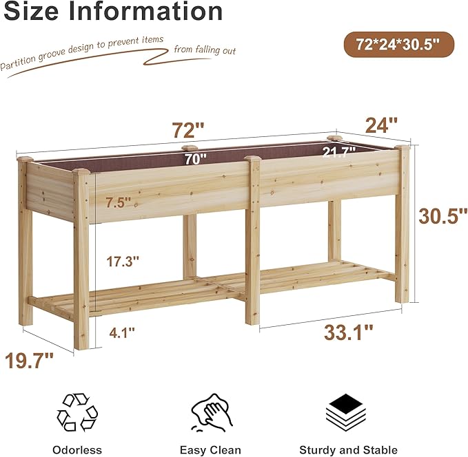 FILWH Raised Garden Bed with Legs Elevated Wooden Planter Box Stand Large Planter Stand Box for Fruits Vegetables Flowers with Divider with Bag - 72 * 24 * 30.5IN