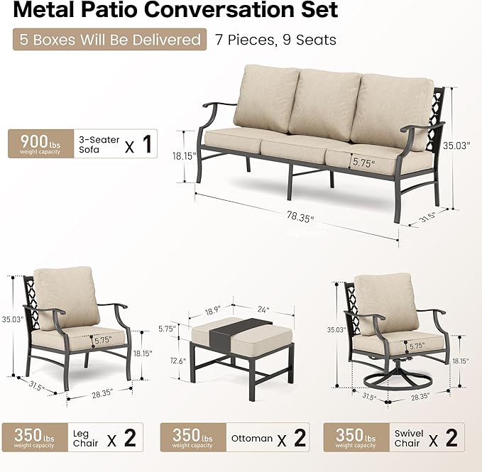 7 Piece Outdoor Patio Furniture Sets Metal Modern Outoor Patio Conversation Set with 5.75" Extra Thick Cushion for Deck Backyard