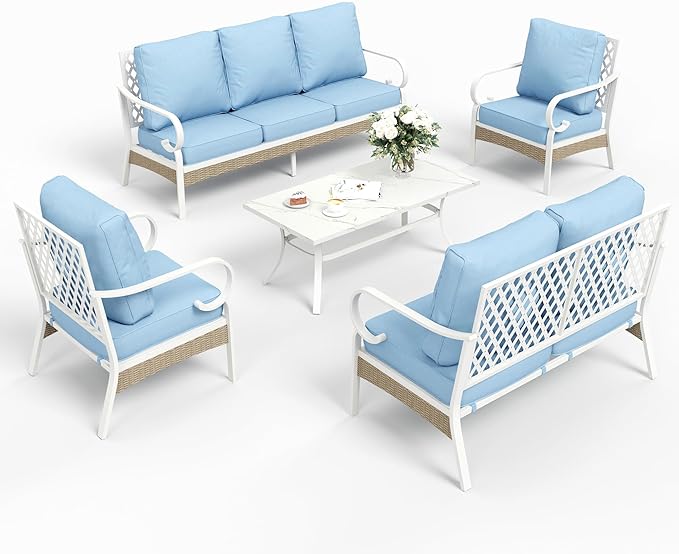 6 Piece Metal Outdoor Patio Furniture Set, Patio Conversation Sets 3-Seater Sofa, 2 Fixed Chair, 2 Swivel Chair with 5.75" Thick Cushion & Coffee Table White Backyard Furniture, Blue