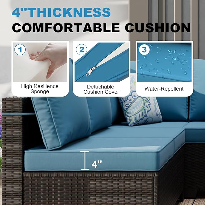 Patio Furniture Set with Fire Pit Table, 8-Piece Outdoor Furniture Set with Thick Cushions, Wicker Sectional Sofa for Porch Garden Backyard, Brown/Peacock Blue