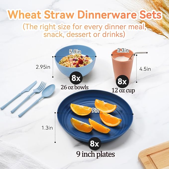 Wheat Straw Dinnerware Sets,56-Piece Plates and Bowls Sets for 8-Unbreakable,Reusable Plastic Dish Set-Dinner Plate/Cereal Bowl/Cup/Utensils-Microwavable Dishwasher Safe 56P-Gray