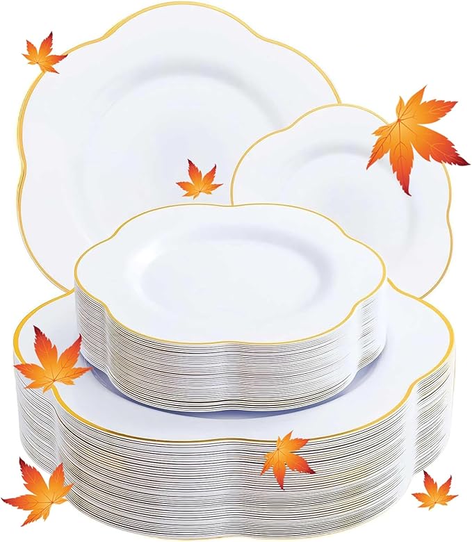 Liacere 50PCS White Plastic Plates - Heavy Duty Disposable - White and Gold Plastic Plates Include 25PCS 7inch and 10inch plates for Party & Baby Shower Gifts & Fall Decor & Thanksgiving