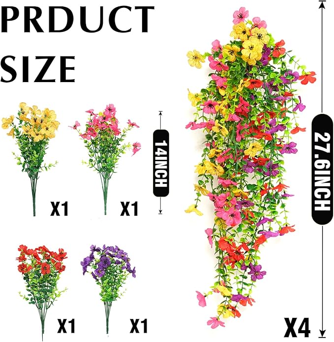 8PCS Artificial Hanging Flowers for Outdoors,Hanging Outdoor Faux Plants,UV Resistant Fake Flowers for Outdoor Planters,Realistic Fake Plants Spring Decor for Porch,Patio,Yard (RedYellowPurple)